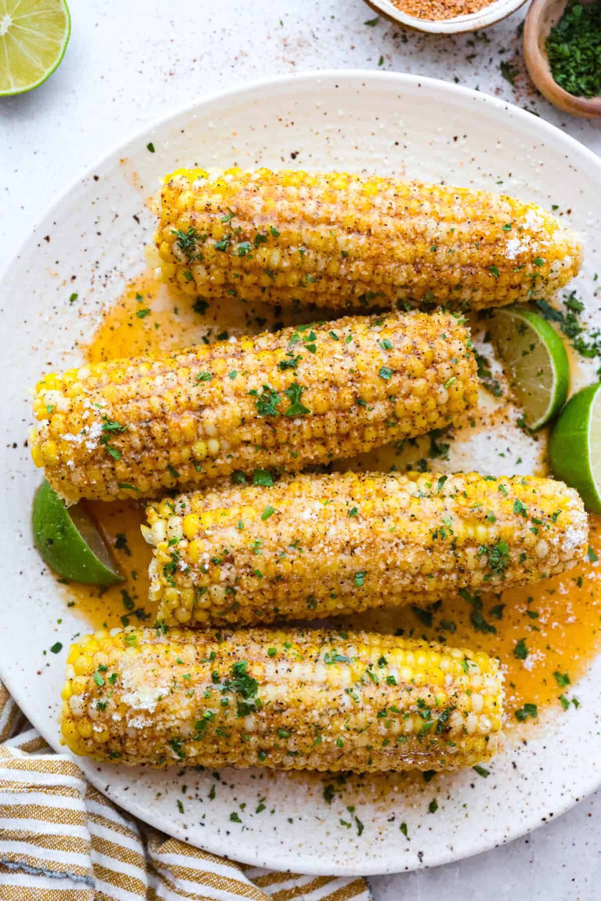 Platter of Cajun corn on the cob.