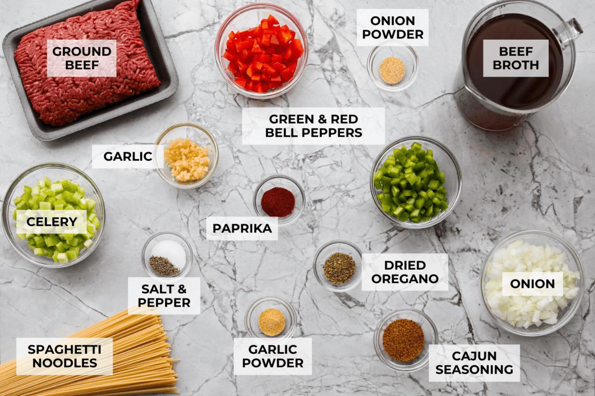 Overhead shot of labeled ingredients. 