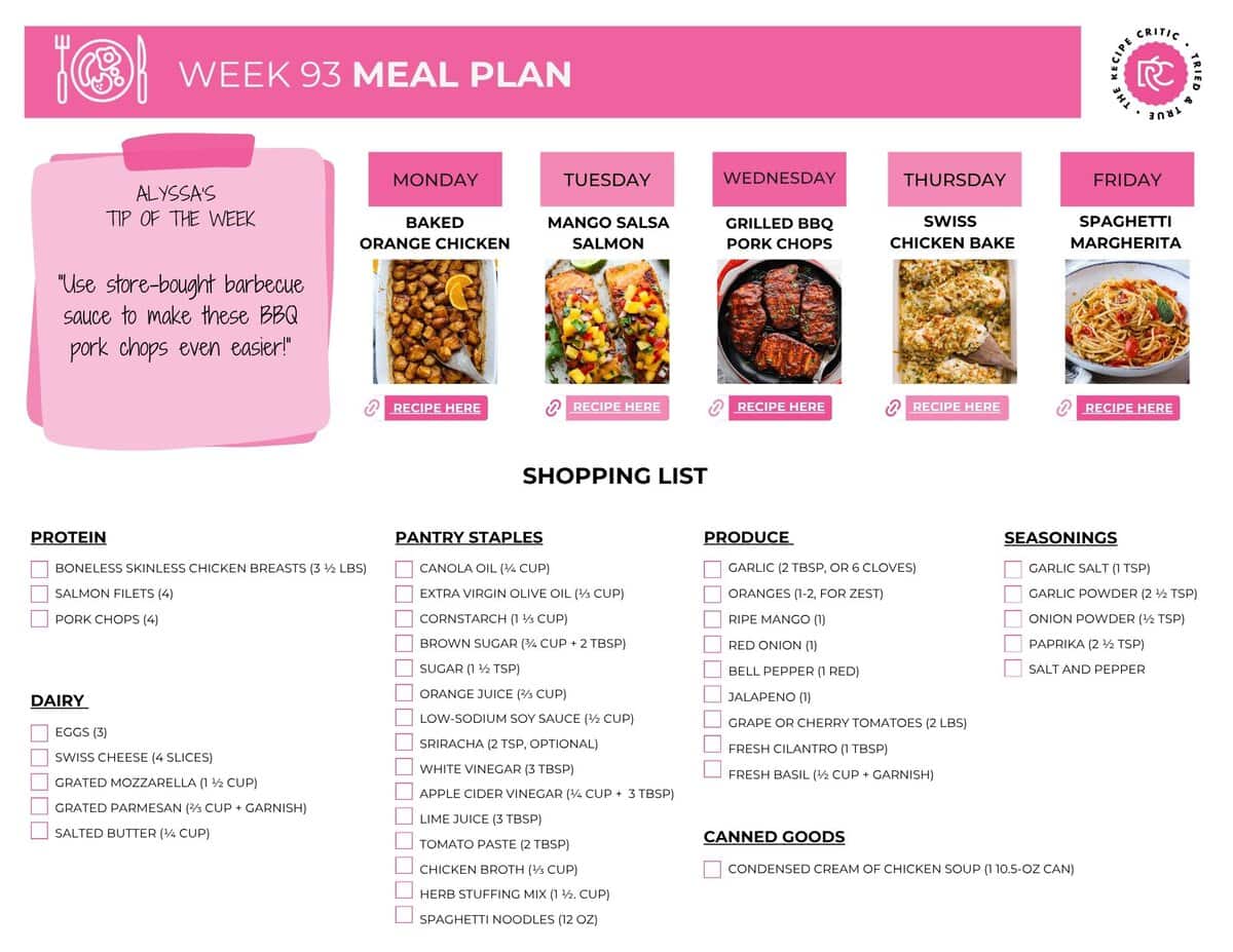 Image of the free printable shopping list for this weekly meal plan. 