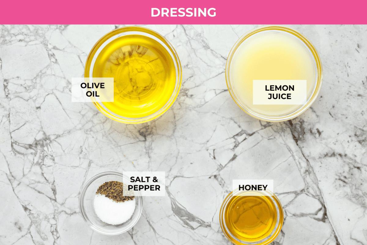 Overhead shot of labeled dressing ingredients. 