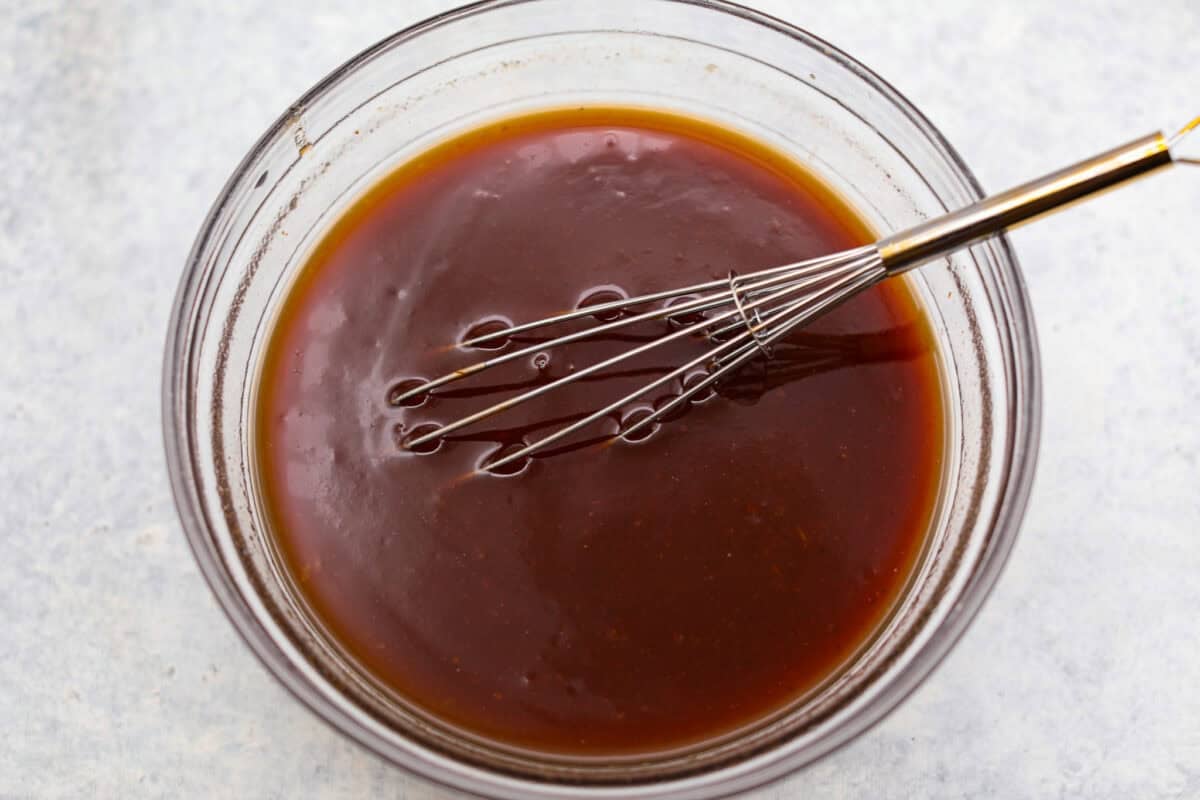 Sauce ingredients whisked together in a bowl. 