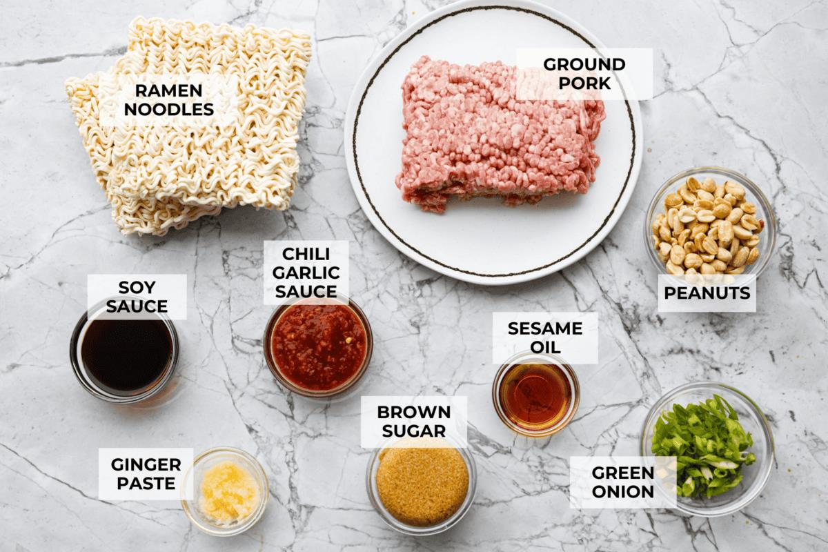Overhead shot of labeled dragon noodle ingredients.
