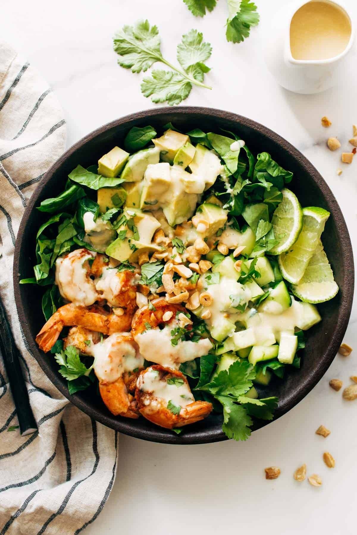 Shrimp and avocado salad in a bowl.