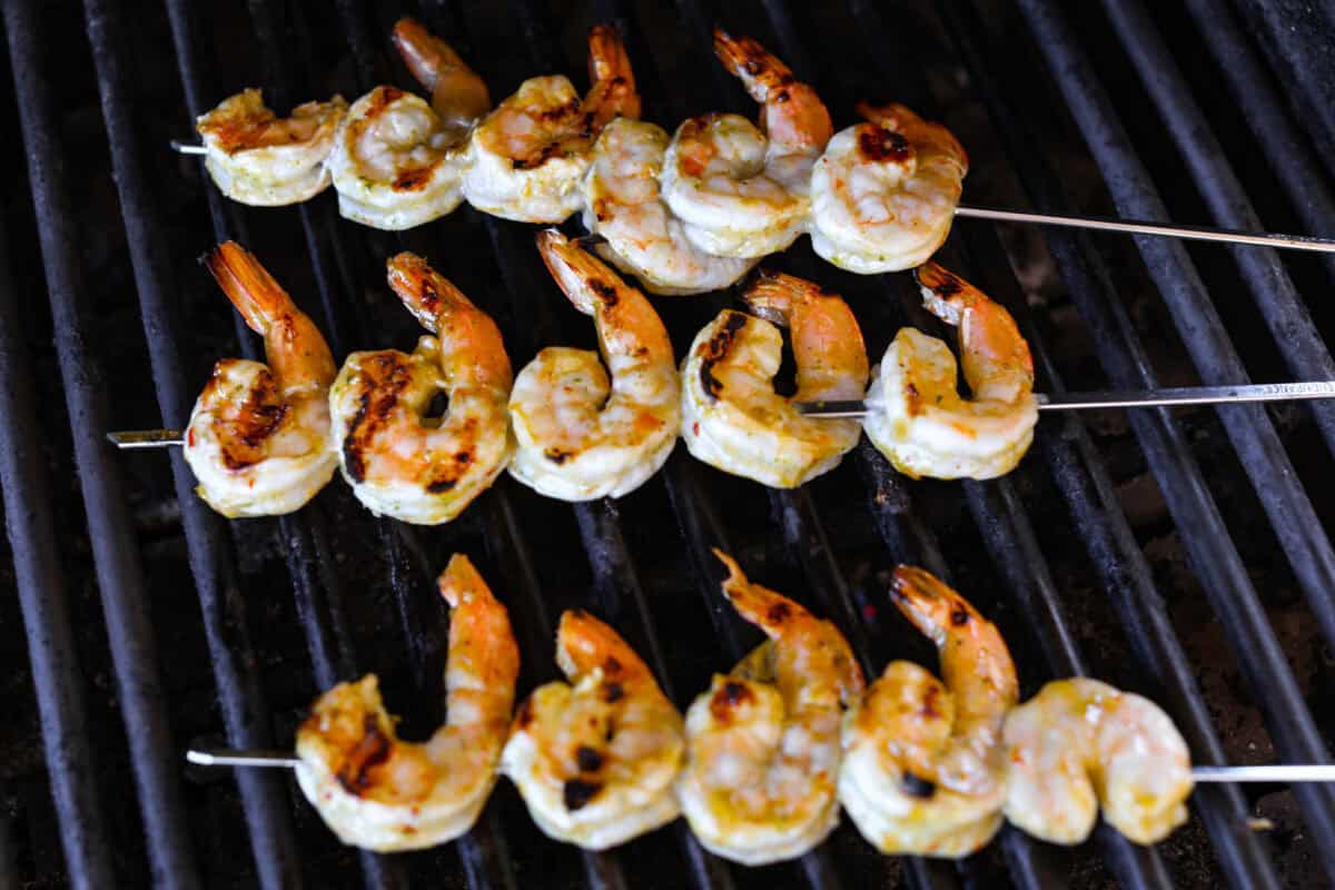 Shrimp skewers on the grill. 
