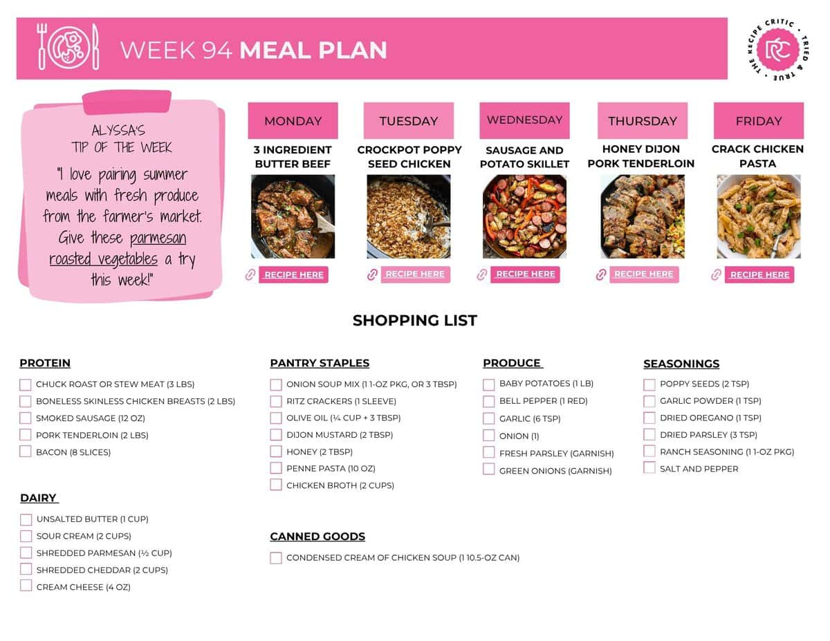 Image of the free printable shopping list for this week's meal plan. 