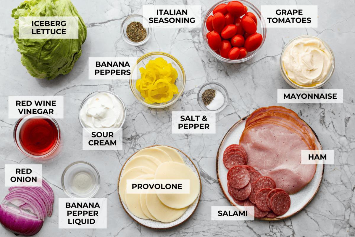 Overhead shot of labeled ingredients. 