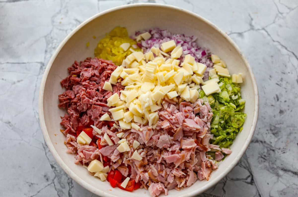 Bowl of chopped up ingredients. 