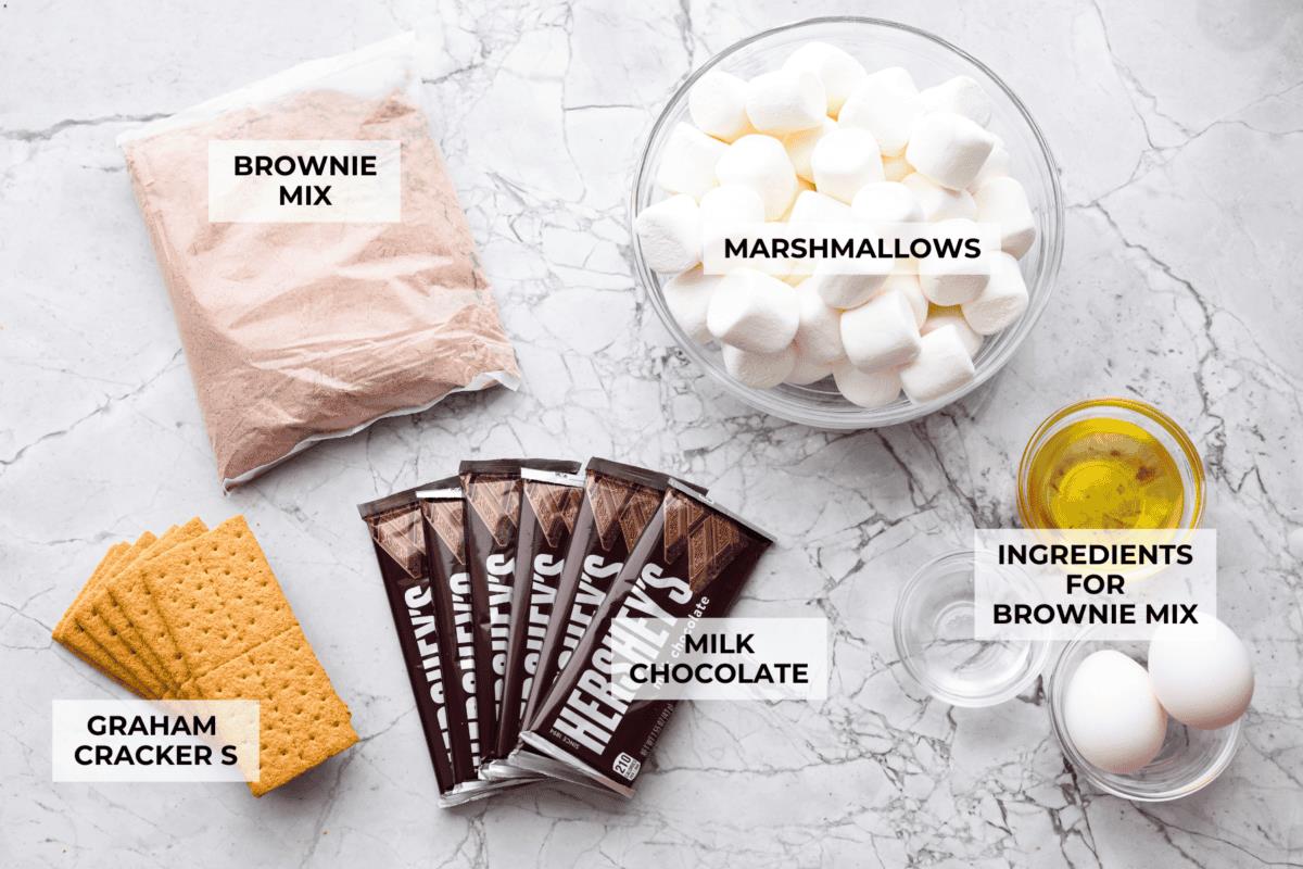 Overhead shot of labeled S'mores brownie ingredients.