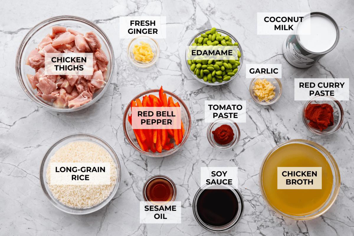 Overhead shot of labeled ingredients. 