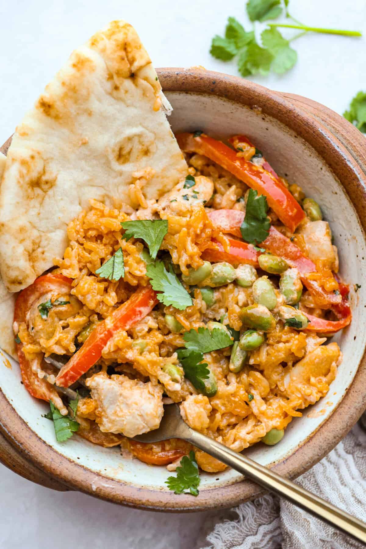 Bowl of coconut curry chicken bake with some Naan bread on the side. 