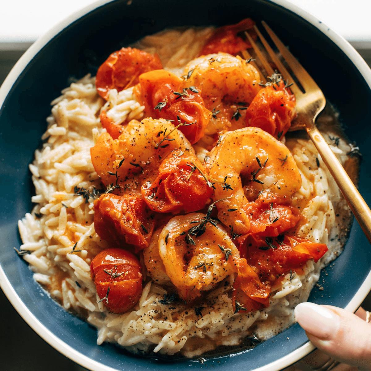 Tomatoes and shrimp on orzo.