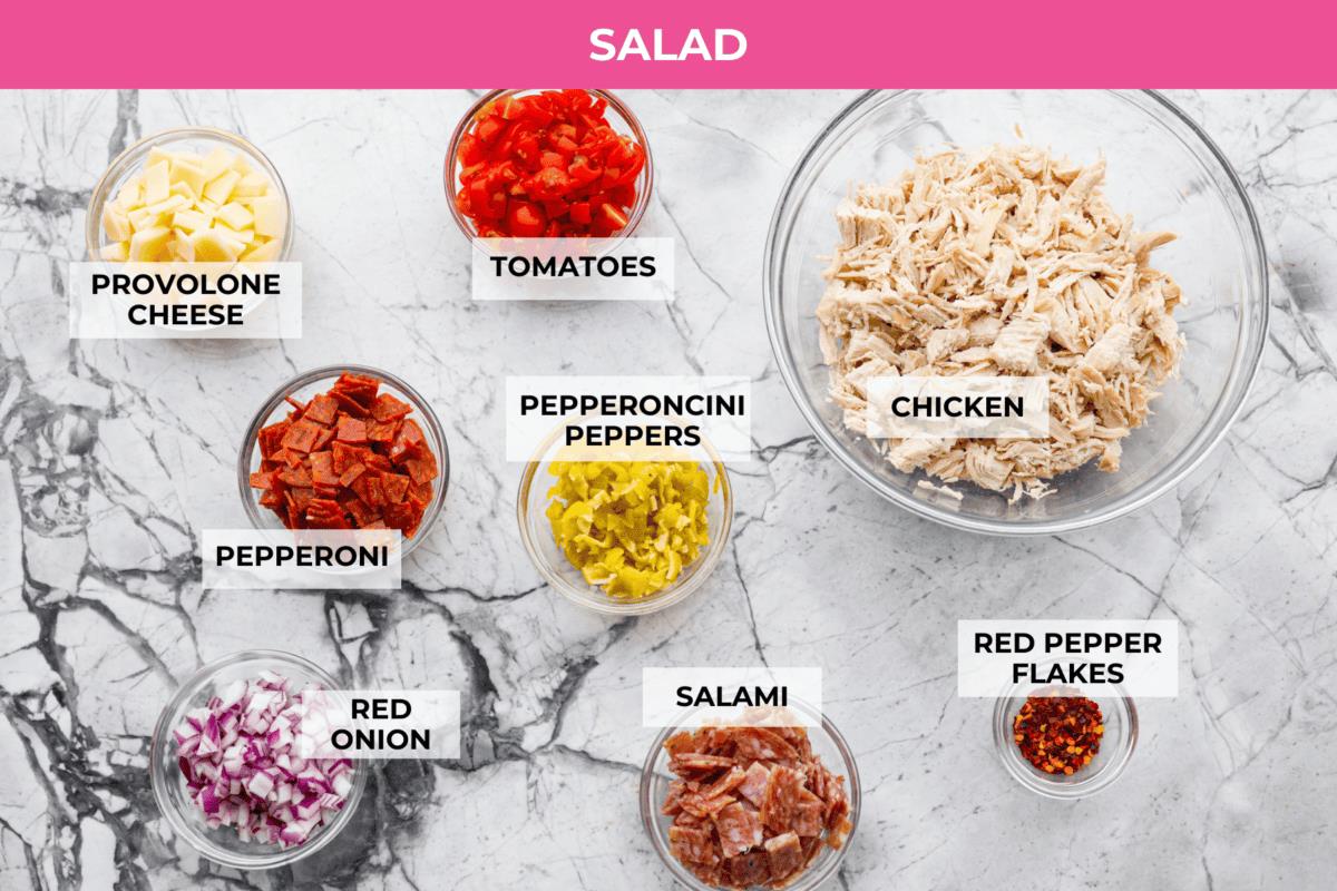 Overhead shot of labeled grinder chicken salad ingredients.