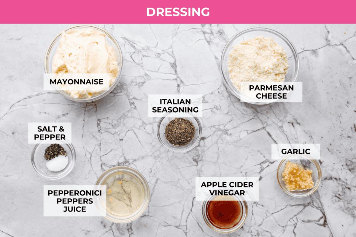 Overhead shot of labeled dressing ingredients. 