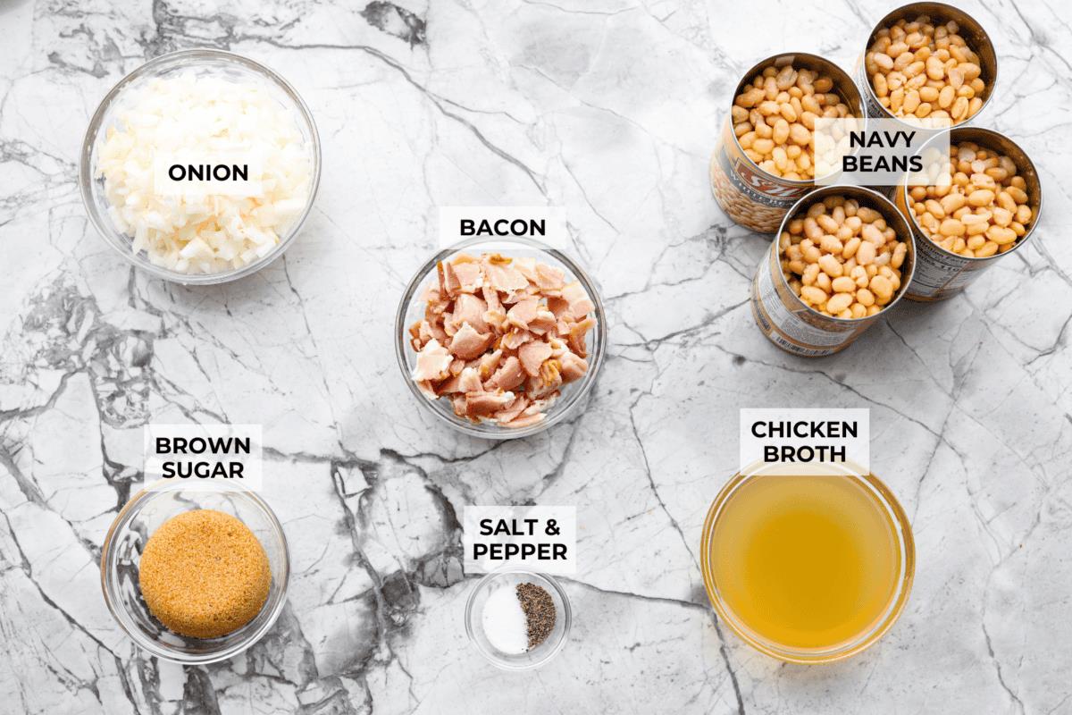 Overhead shot of labeled Grandma Browns baked beans ingredients. 