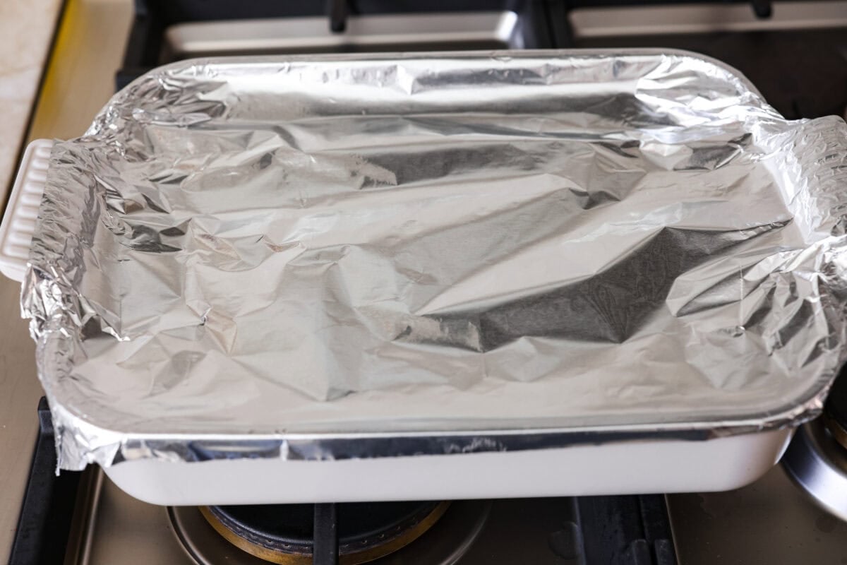 Everything covered with foil ready to be baked. 