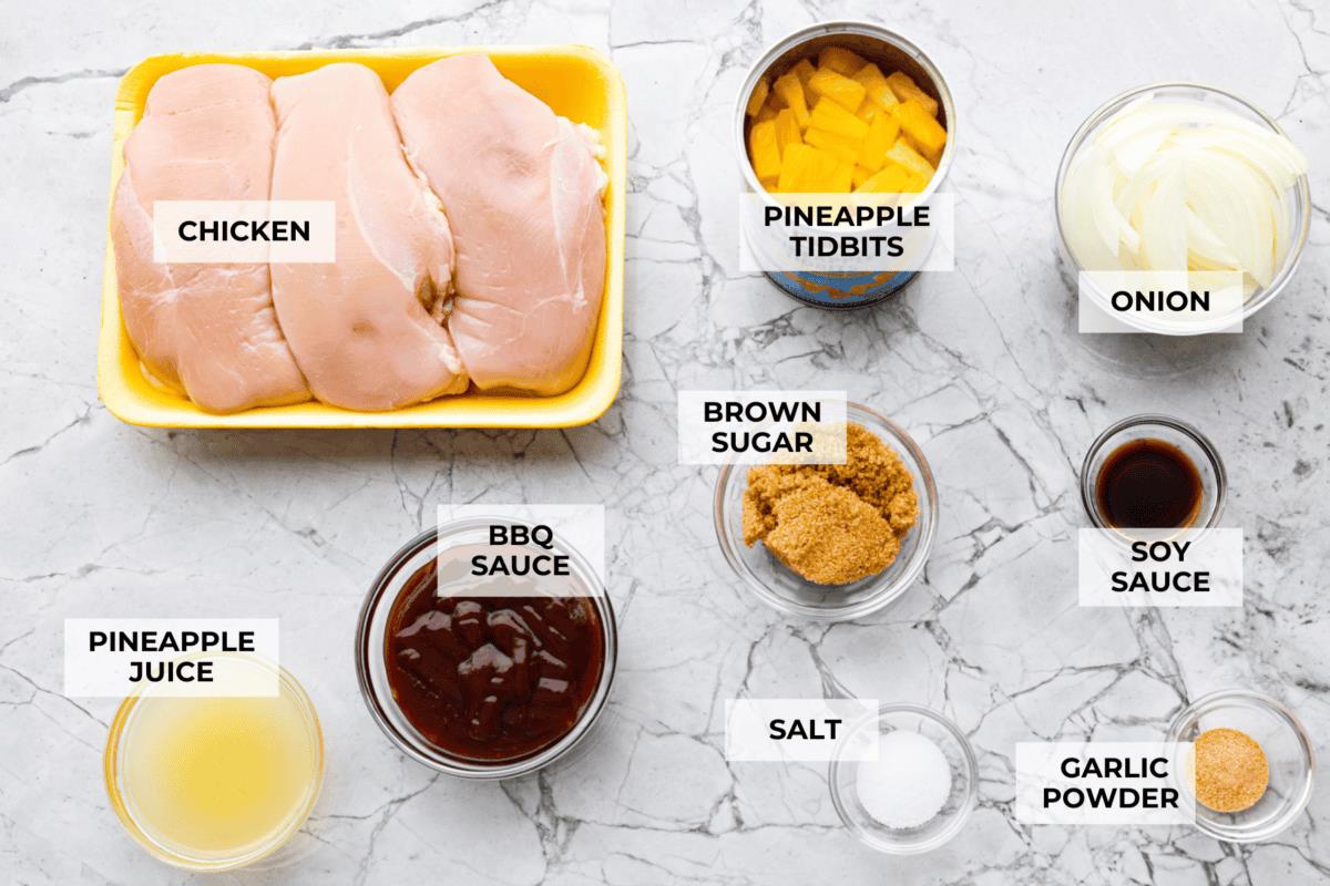 Overhead shot of labeled ingredients. 