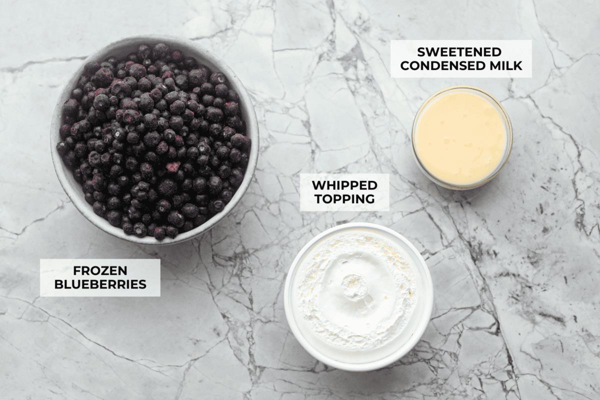 Overhead shot of labeled blueberry fluff ingredients. 