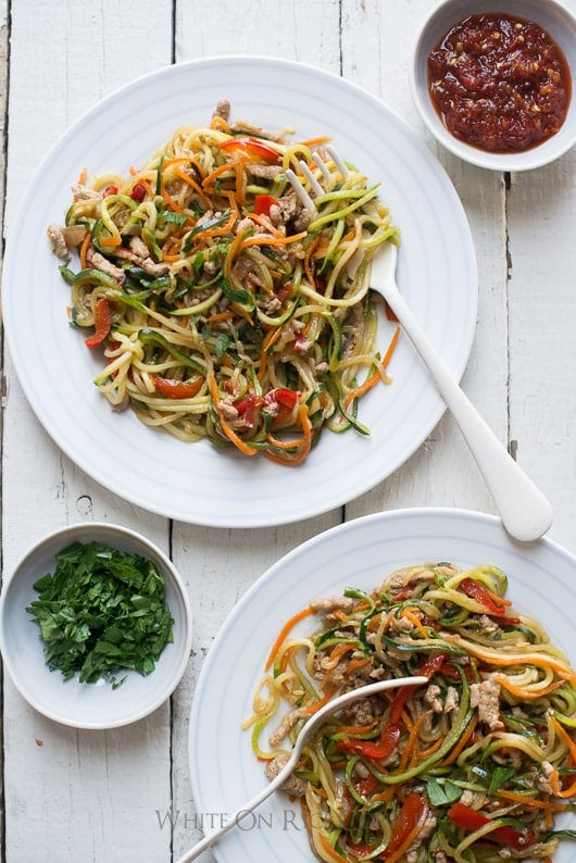 Healthy Zucchini Noodle Chow Mein Recipe- Easy Chinese Chow Mein that's healthier from @whiteonrice on whiteonricecouple.com Healthy Zucchini Noodle Chow Mein on a plate