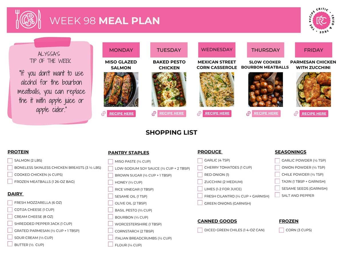 Image of the free printable shopping list for this weeks meal plan. 