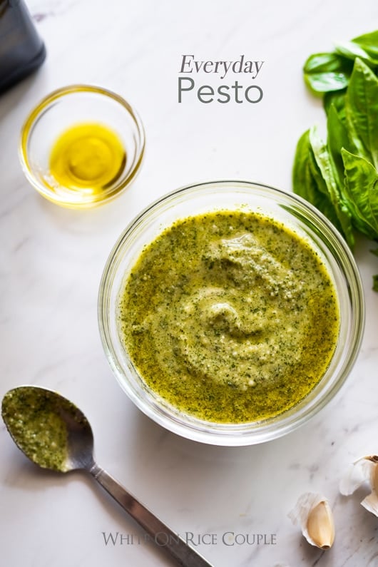 Everyday Basil Pesto Recipe for Pesto Chicken or Pesto Salads @whiteonrice Everyday Basil Pesto in a glass bowl
