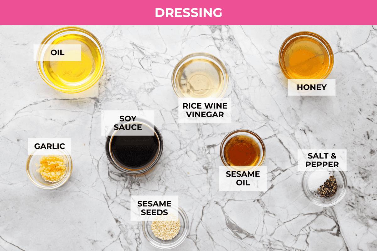Overhead shot of labeled dressing ingredients. 