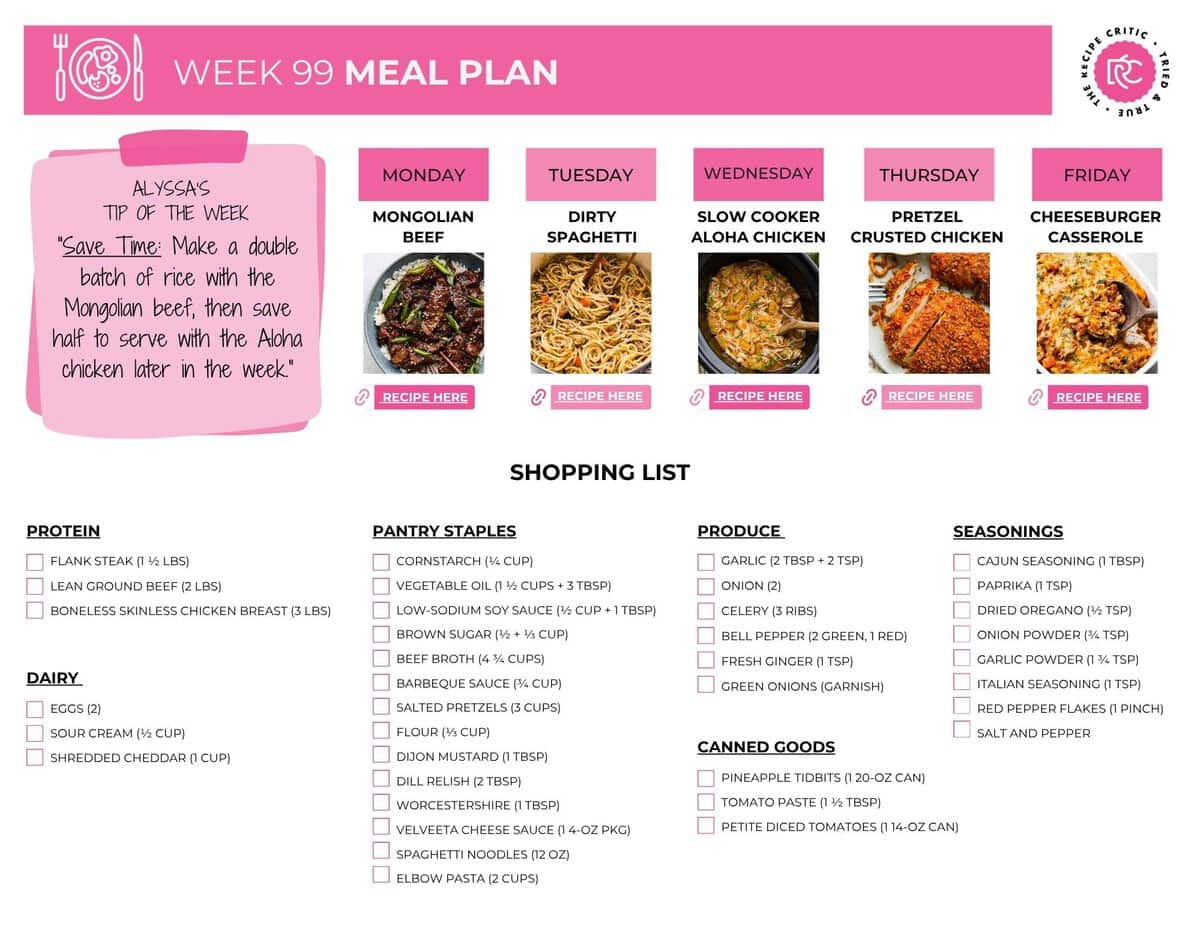 Free printable shopping list for this weekly meal plan. 