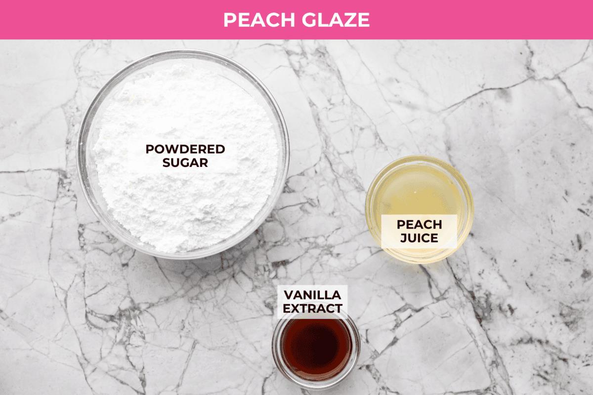 Overhead shot of labeled peach glaze ingredients. 
