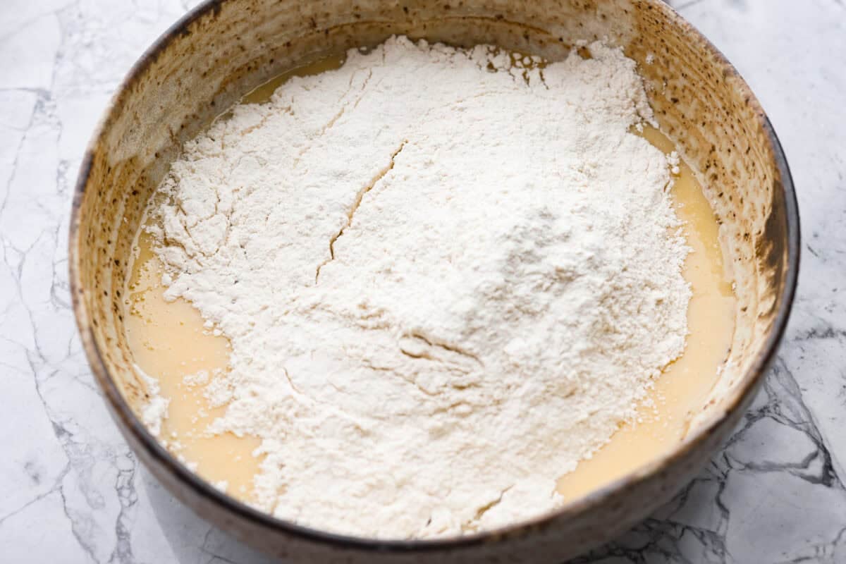 Dry ingredients added to the wet ingredients.