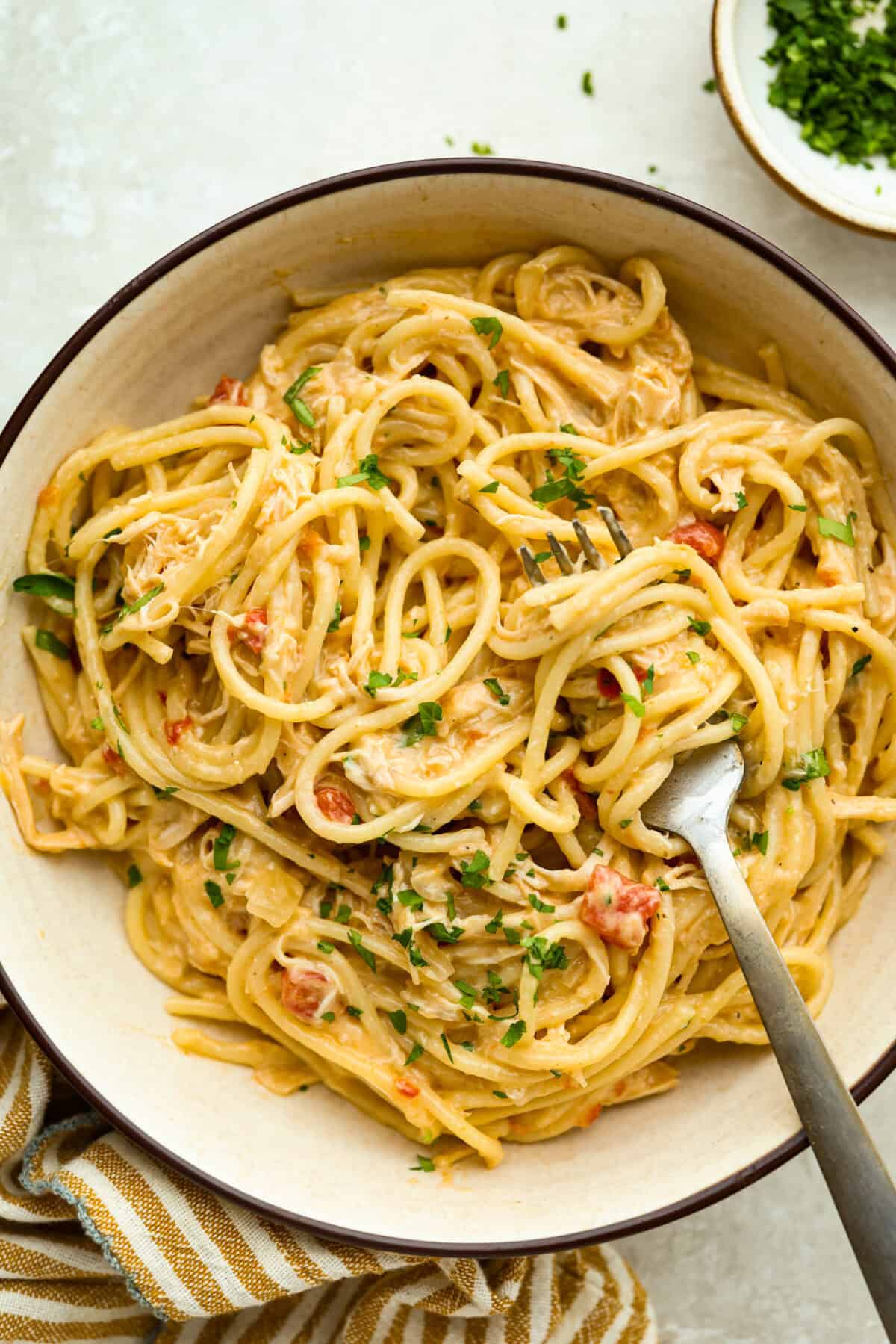 Bowl with a serving of crockpot chicken spaghetti. 