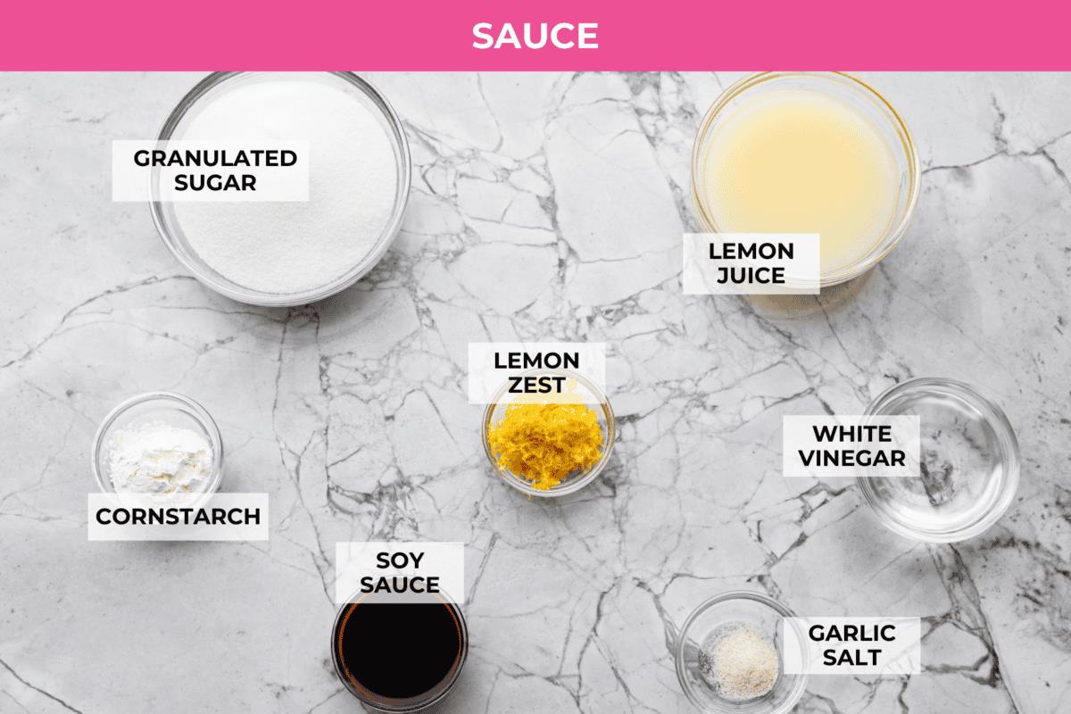 Overhead shot of labeled sauce ingredients.
