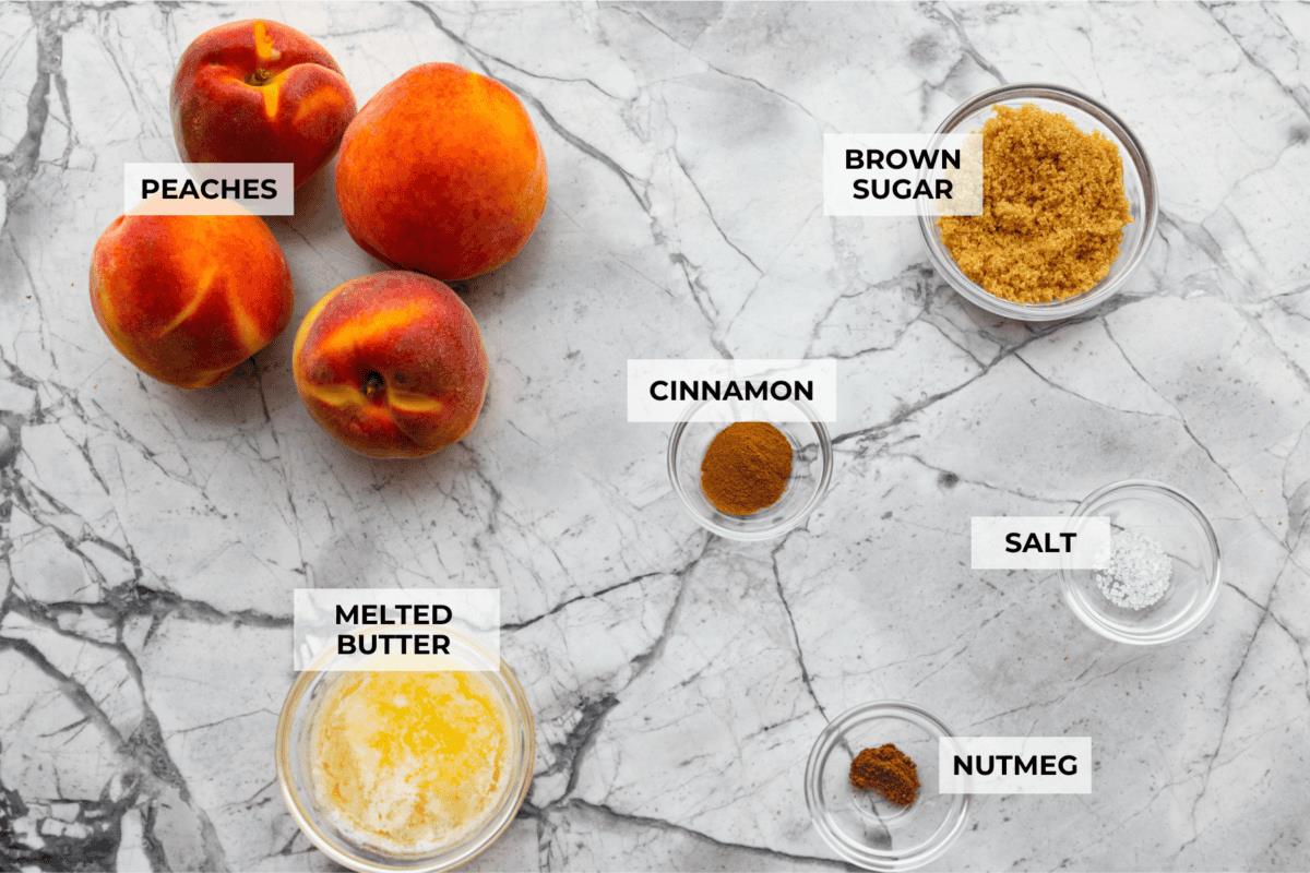 Overhead shot of labeled ingredients. 