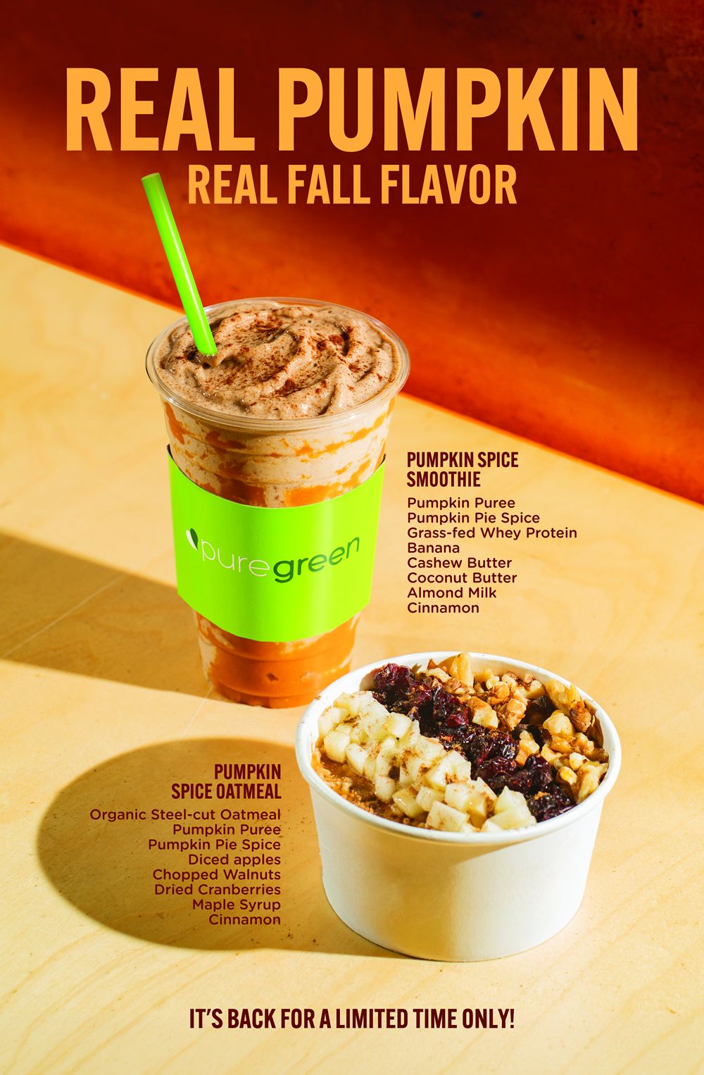 Pure Green Announces Return of Fan Favorite Pumpkin Spice Smoothie and Pumpkin Spice Oatmeal for Fall