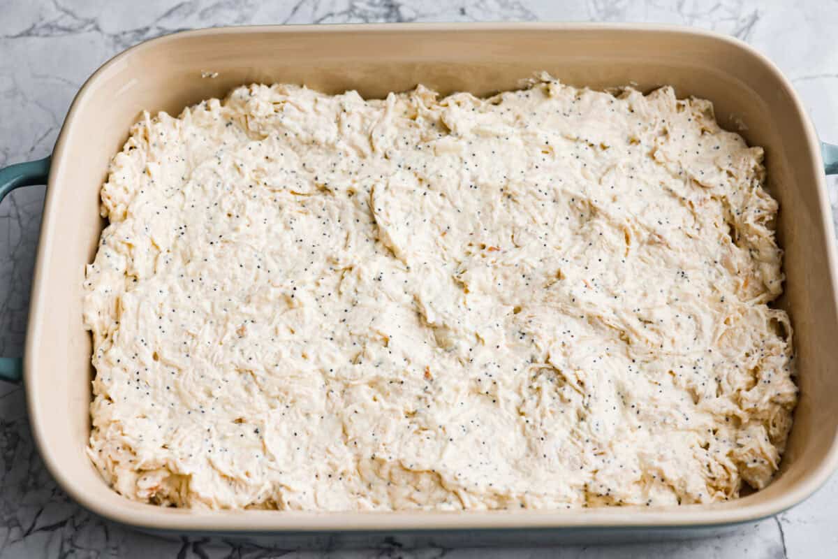 Ingredient mixture spread out in the bottom of the2 quart baking dish. 