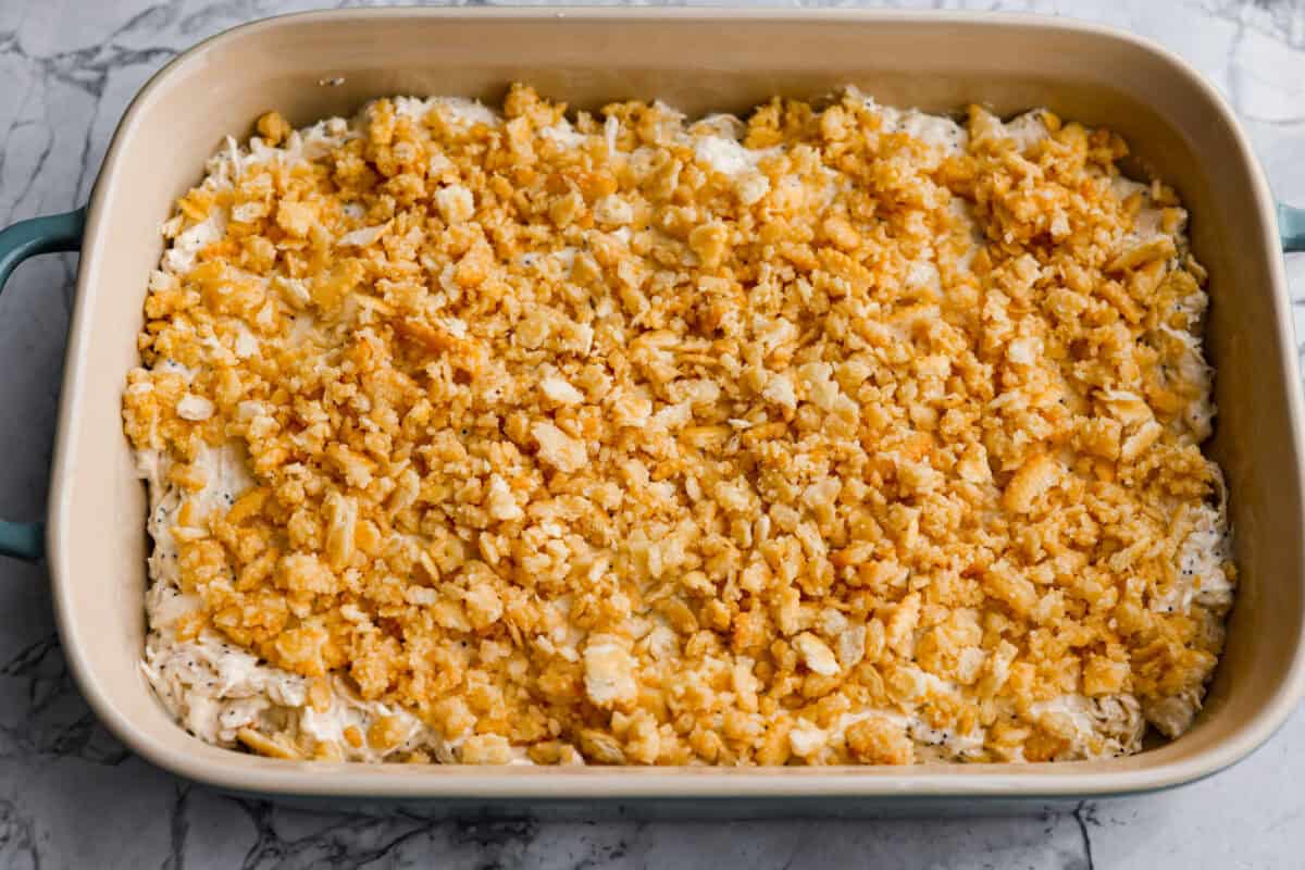 Ritz cracker topping added to the top of the mixture. 