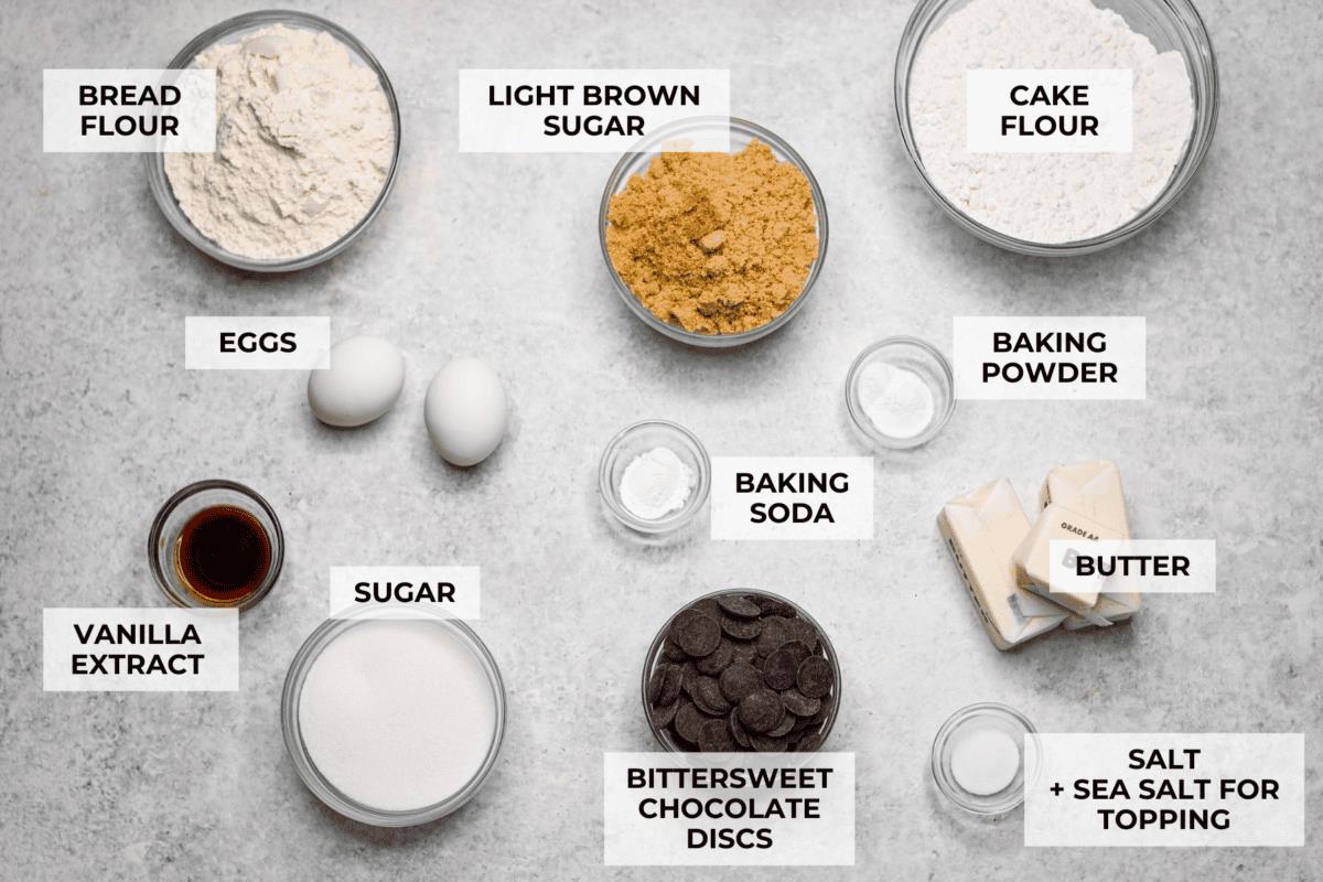Overhead shot of labeled Jacques Torres chocolae Chip cookies ingredients.