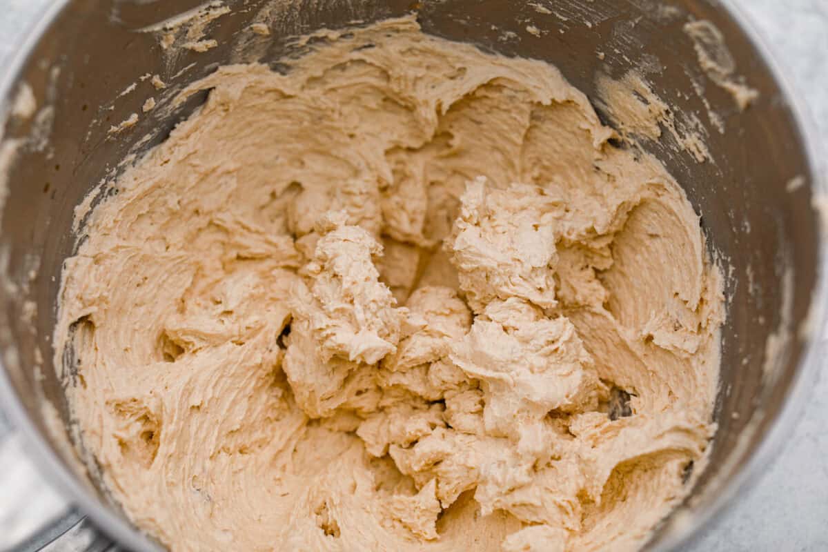 Eggs and vanilla added to the butter and sugar.