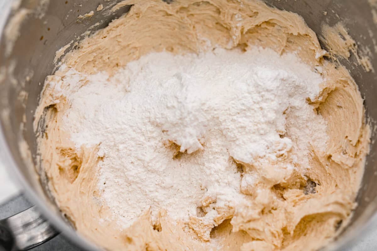 Dry ingredients combined with he wet ingredients.