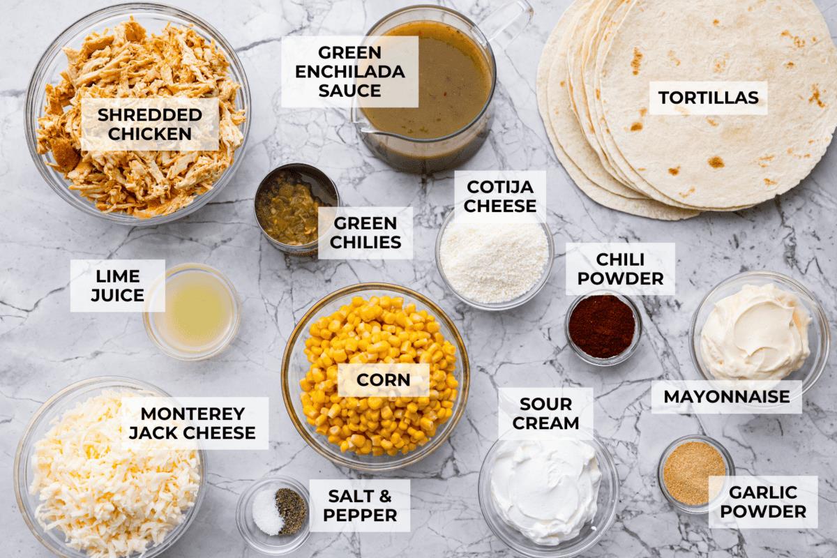 Overhead shot of labeled ingredients. 