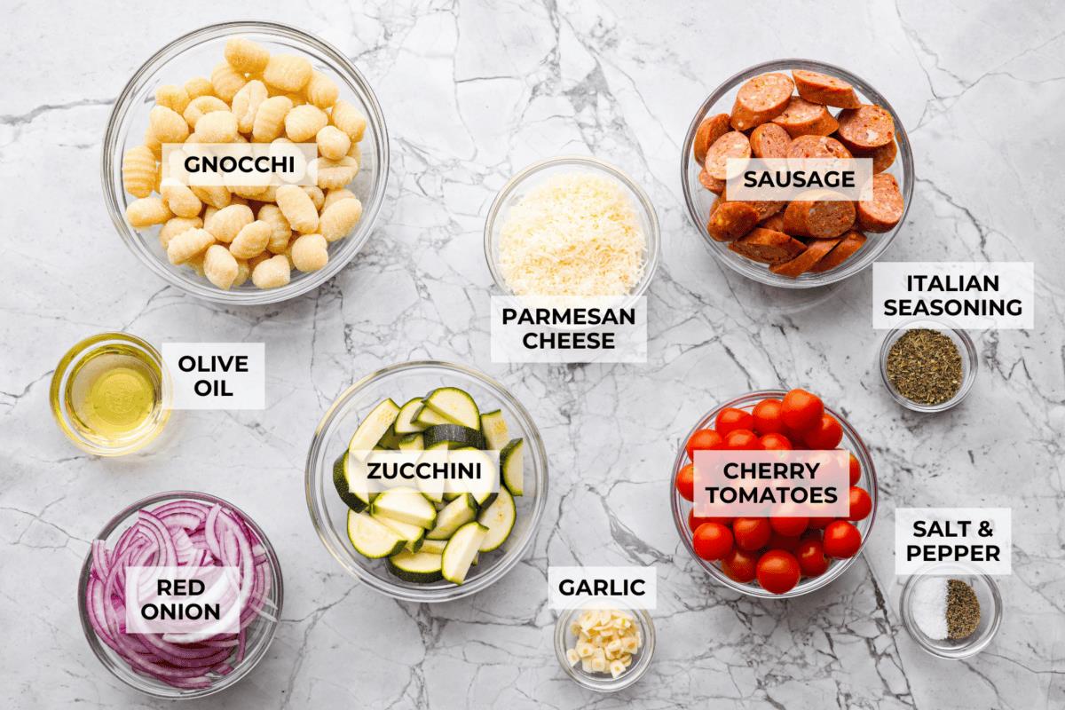 Overhead shot of labeled ingredients. 