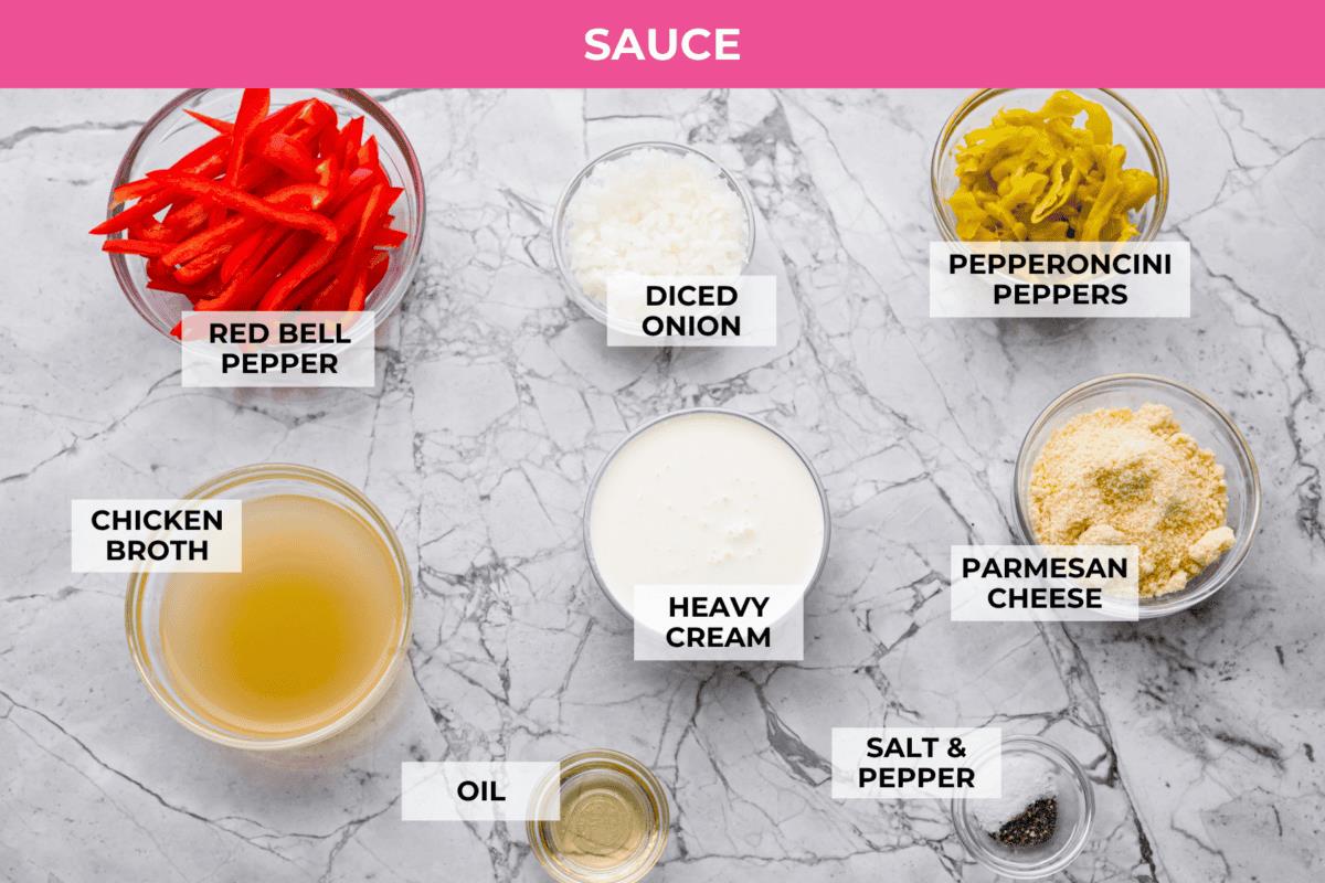 Overhead shot of labeled sauce ingredients. 