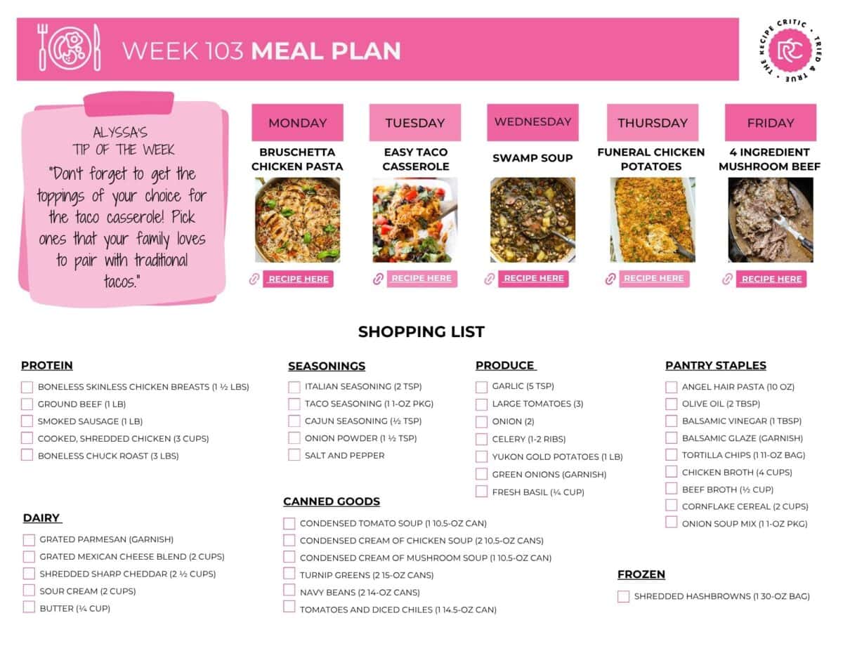 Image of the free printable shopping list for this weekly meal plan.