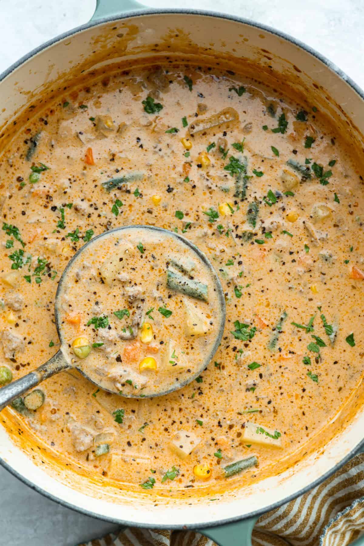 Post of Shepherd's pie soup with a ladle. 