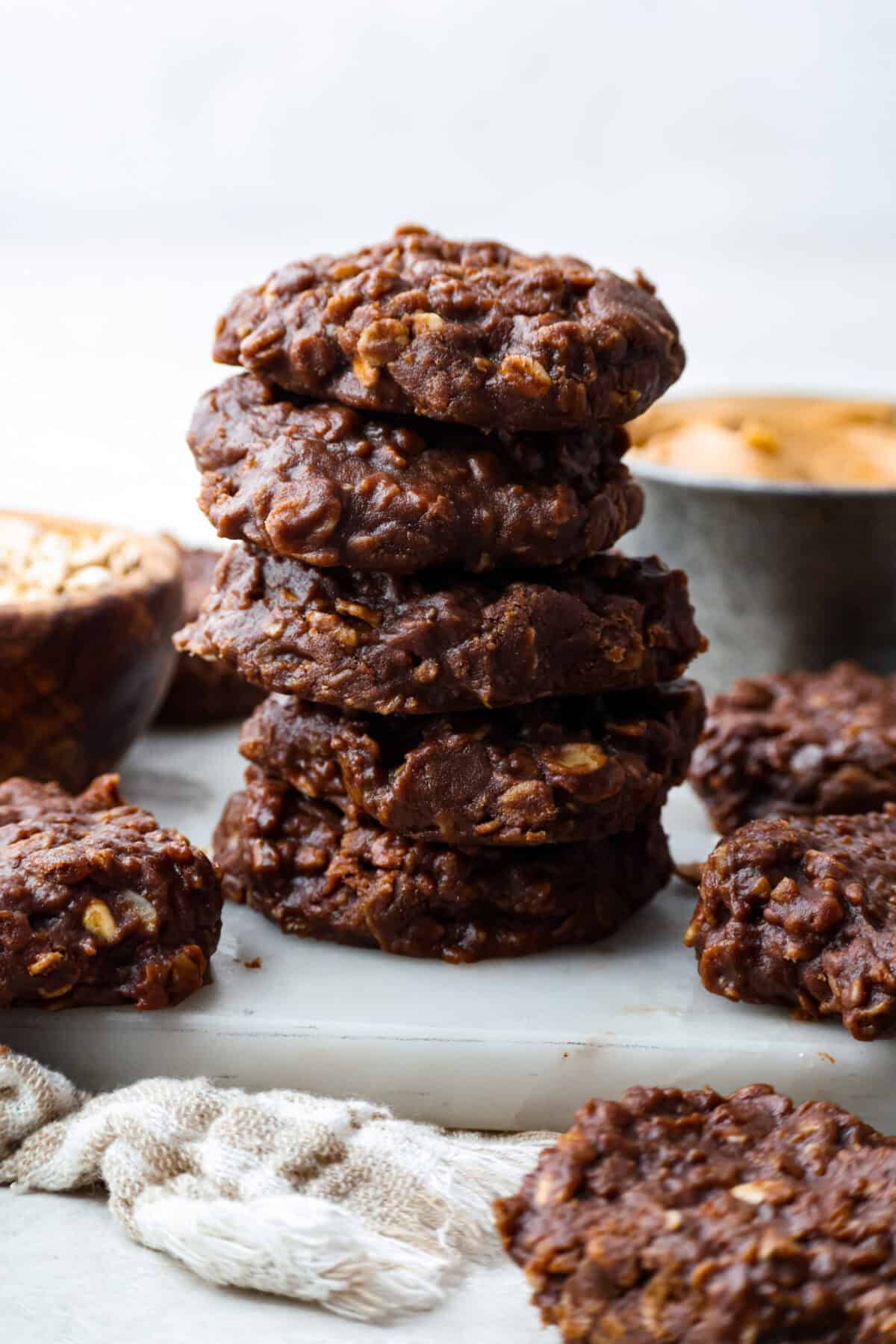 Stack of no bake cookies.