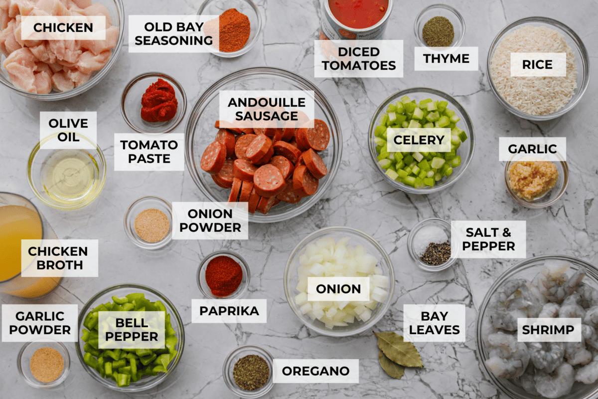 Overhead shot of labeled jambalaya ingredients. 
