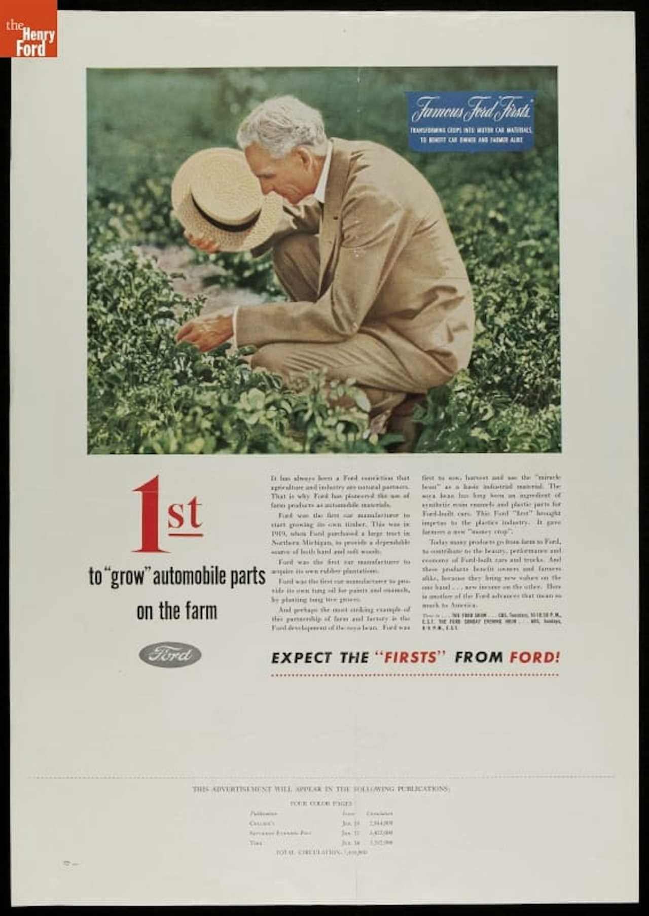 A magazine ad in the style of the 1940s shows a man in a tan suit holding a straw hat squatting down in a field to look at plants.