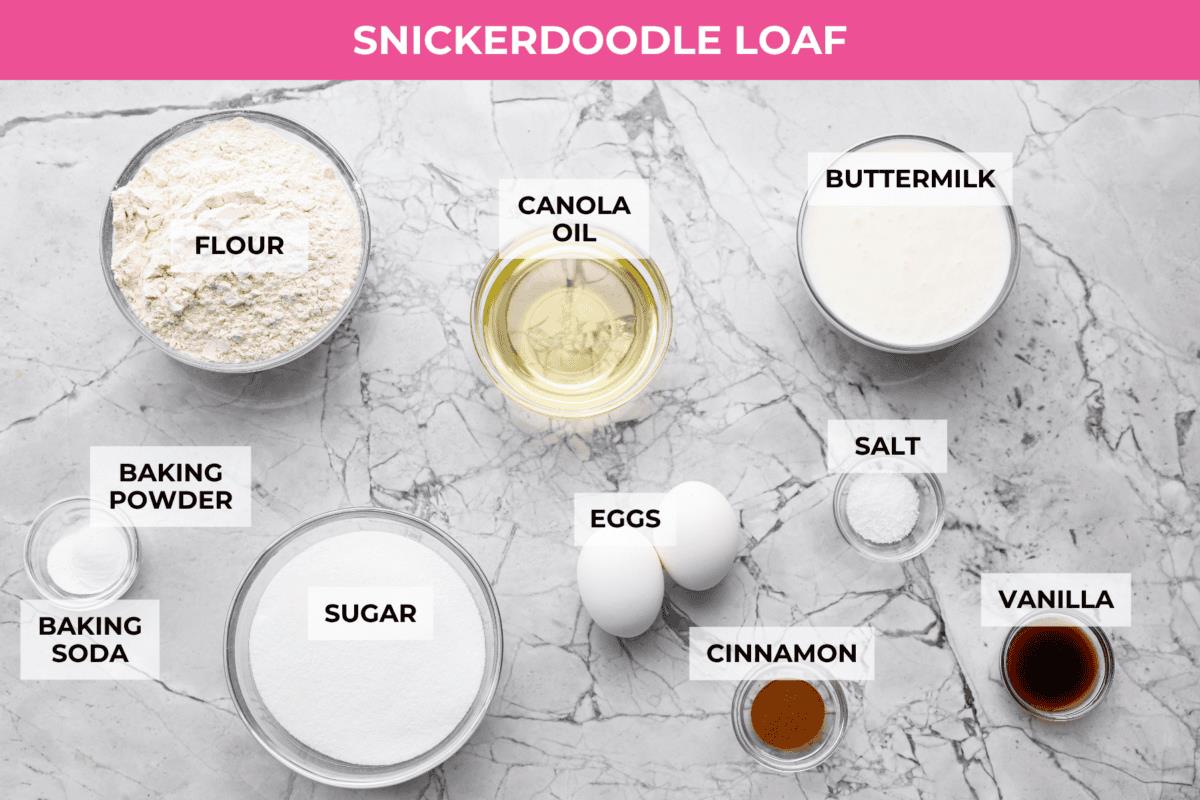Overhead shot of labeled snickerdoodle loaf ingredients. 