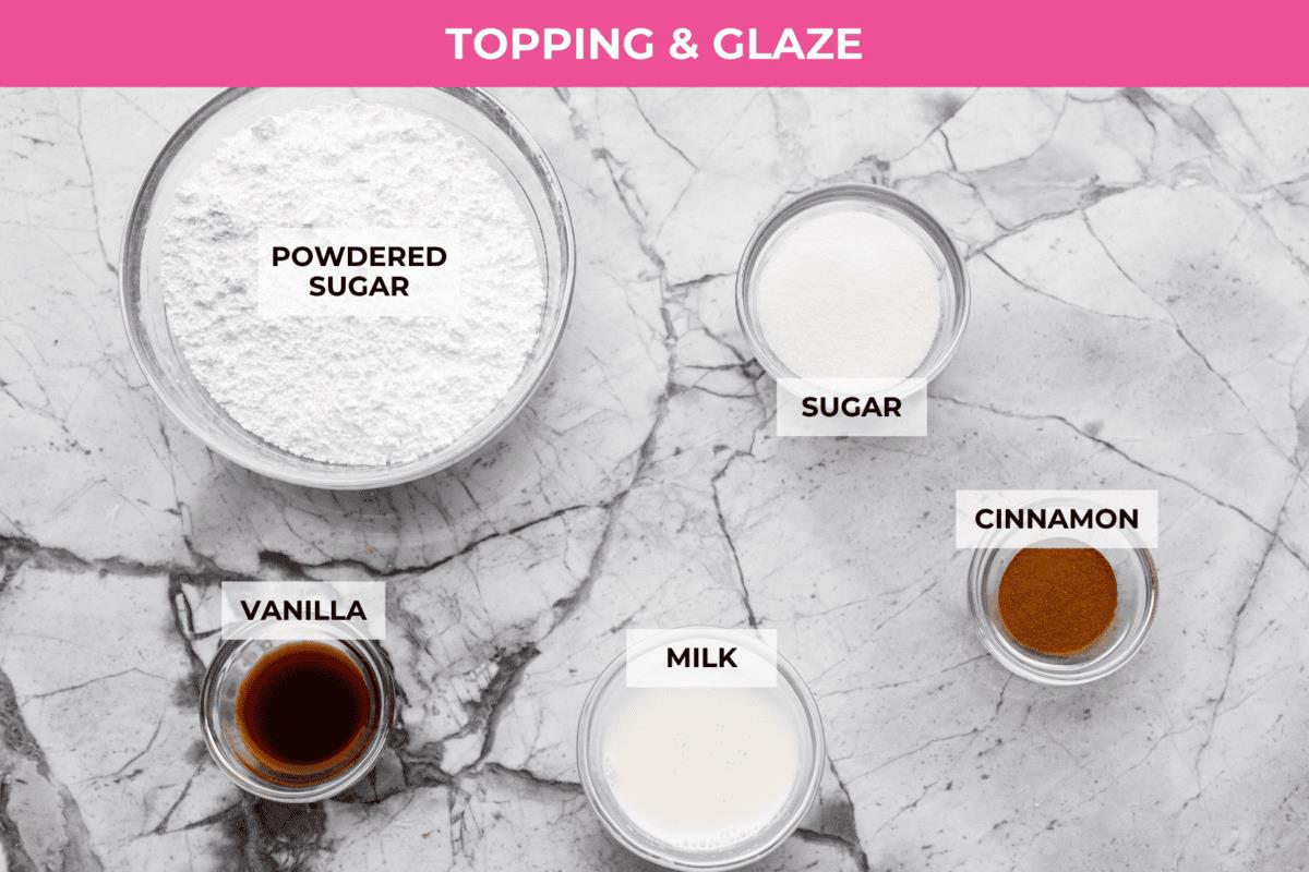 Overhead shot of labeled glaze ingredients.