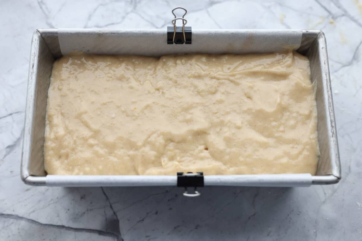 The second half of the batter added to the loaf pan. 