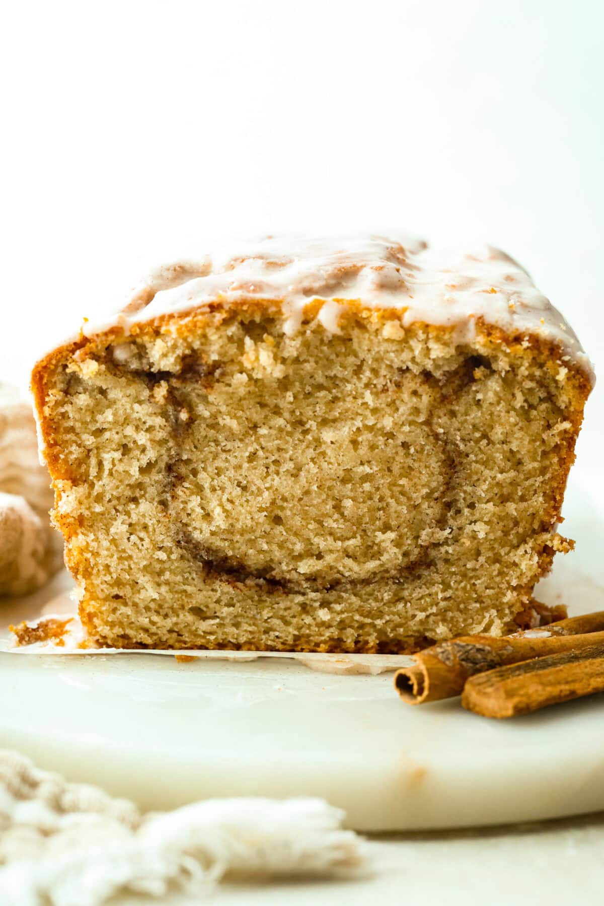Side shot of snickerdoodle donut loaf. 