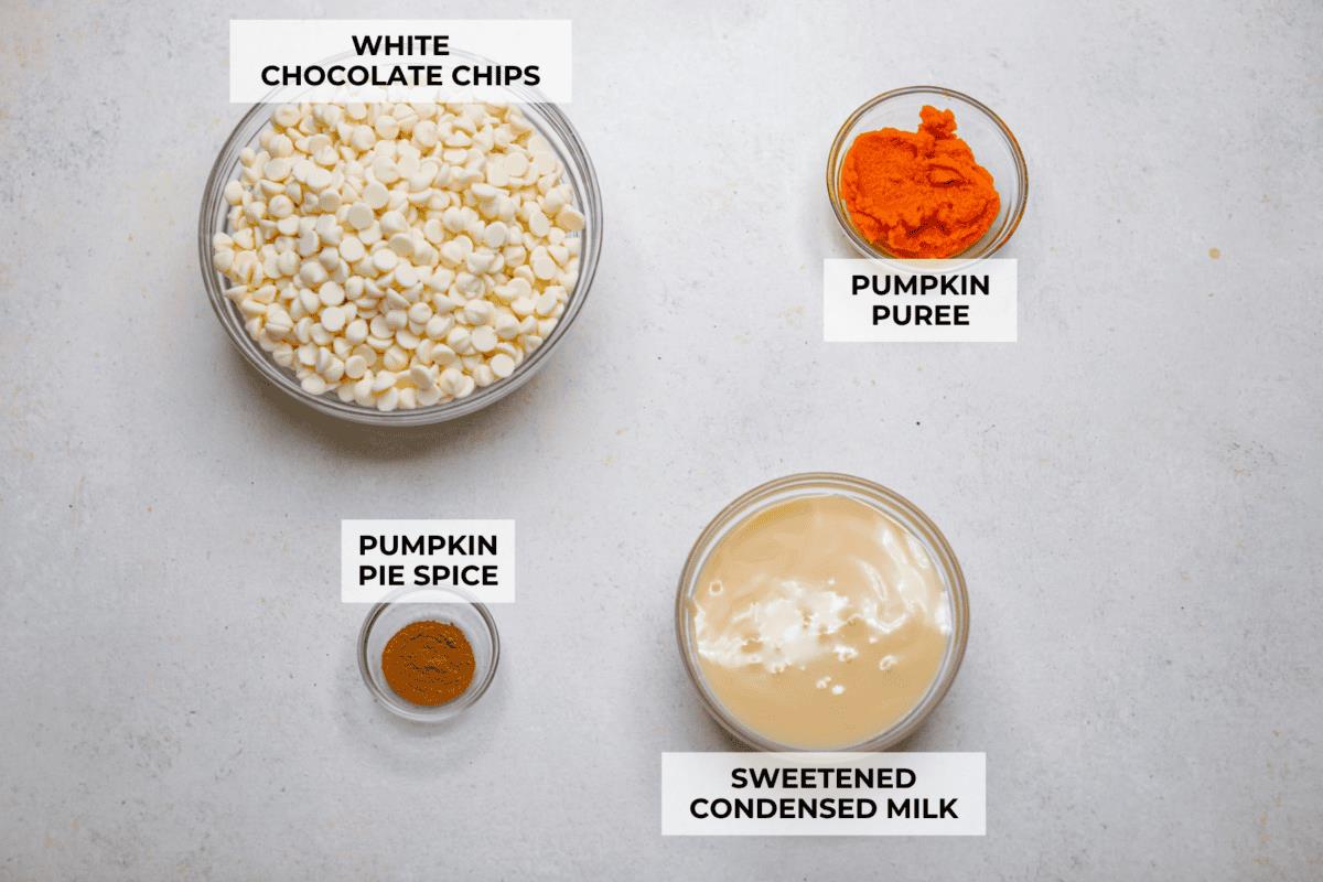 Overhead shot of labeled ingredients. 